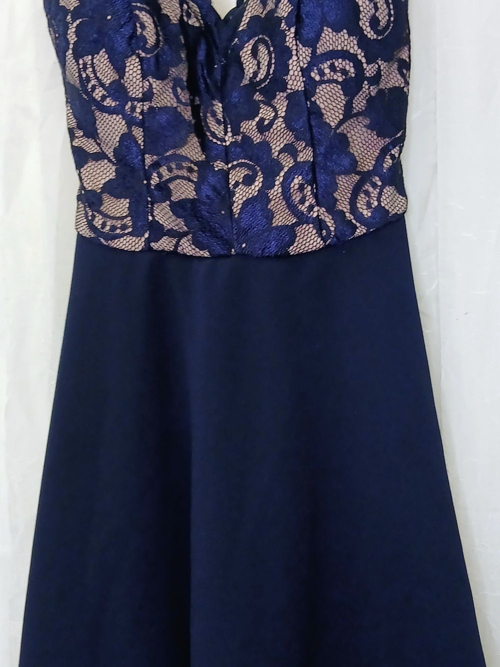 My Michelle Navy and Nude Lace Bodice Prom Dress